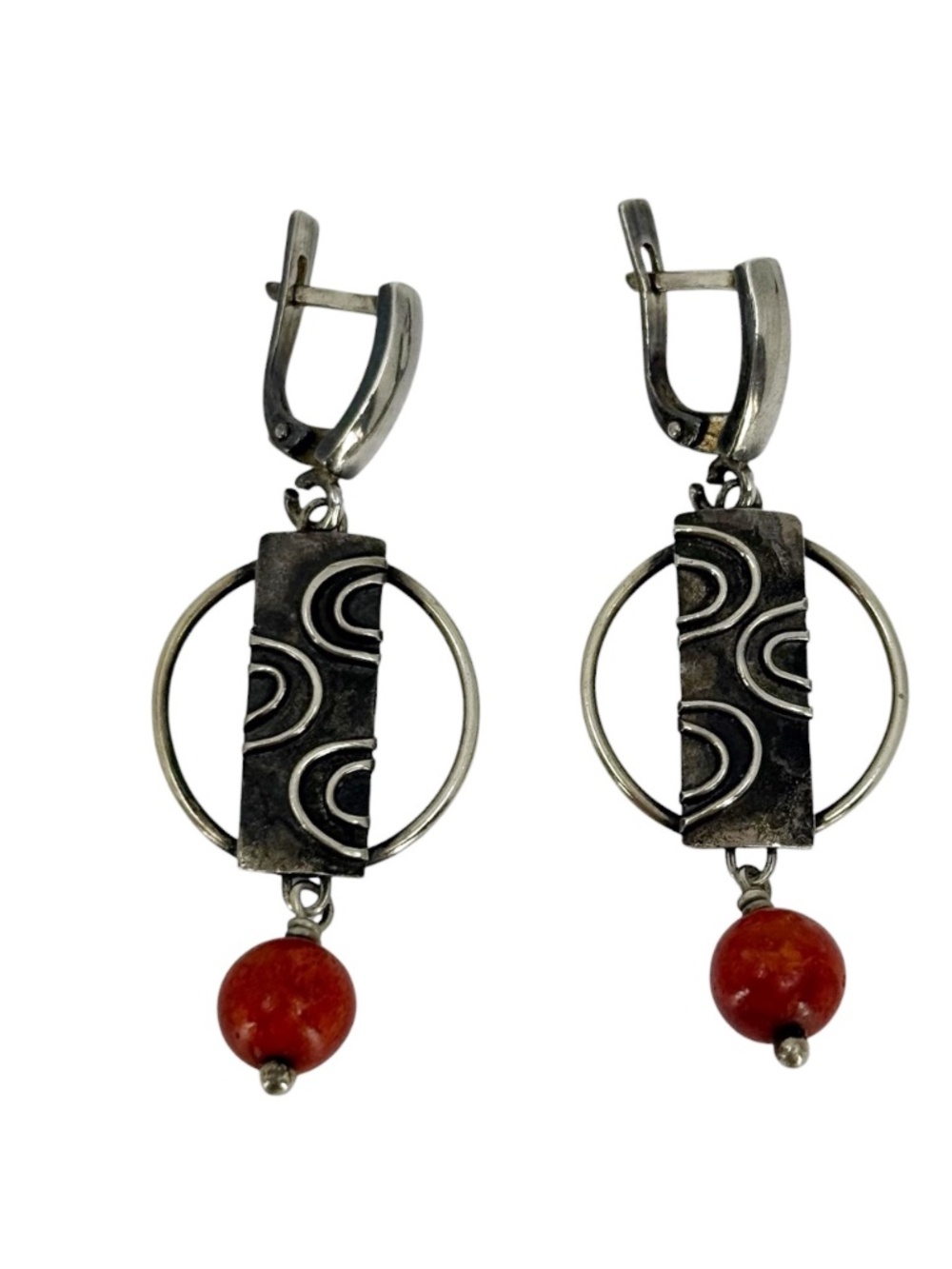 Modernist Hand Made sterling silver sponge coral drop earrings - GM1075